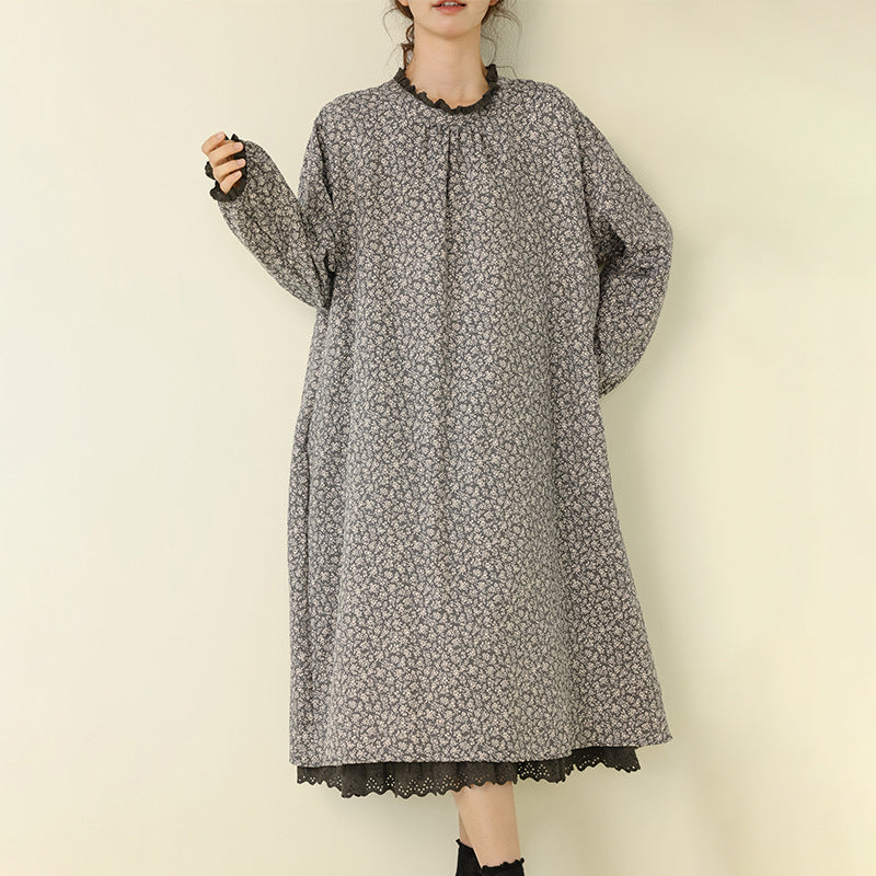 Floral Print Long Sleeve Dress Casual A-Line Dress with Ruffled Neckline