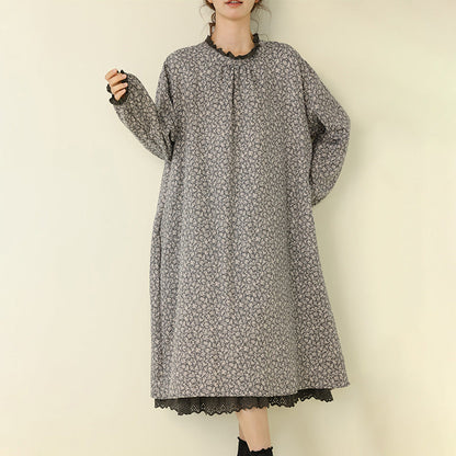 Floral Print Long Sleeve Dress Casual A-Line Dress with Ruffled Neckline
