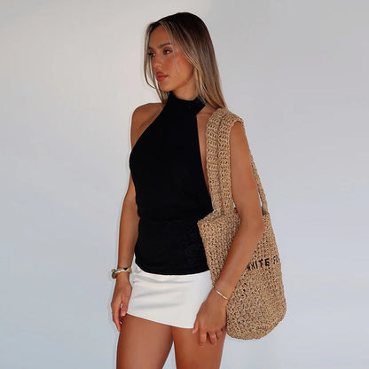 French Style Sleeveless Knitted Top with Open Shoulder Design