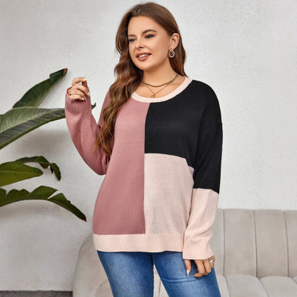 Block Color Knit Sweater Casual Pullover Top