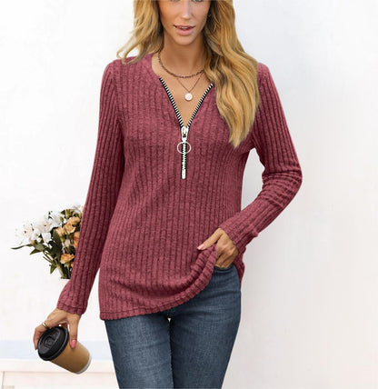 Autumn/Winter New Women'S Wear Chest Zipper Pleated Casual Long Sleeve T-Shirt Top