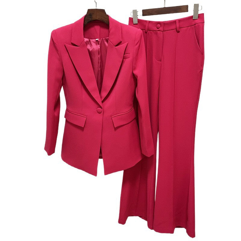 Trendy Blazer And Flared Pants Set In Fuchsia