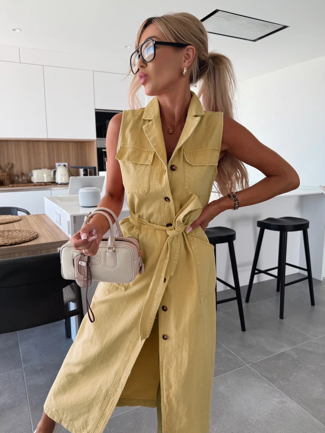 Casual Long Denim Dress With Belted Waist