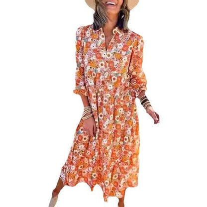 New Casual Loose Long-Sleeved V-Neck Women'S Bohemian Floral Elegant A-Shaped Dress
