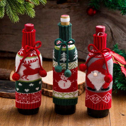 Fur Ball Bow Wine Bottle Set Elk Elder Snowman Knitted Wine Set Decoration Gift Decoration