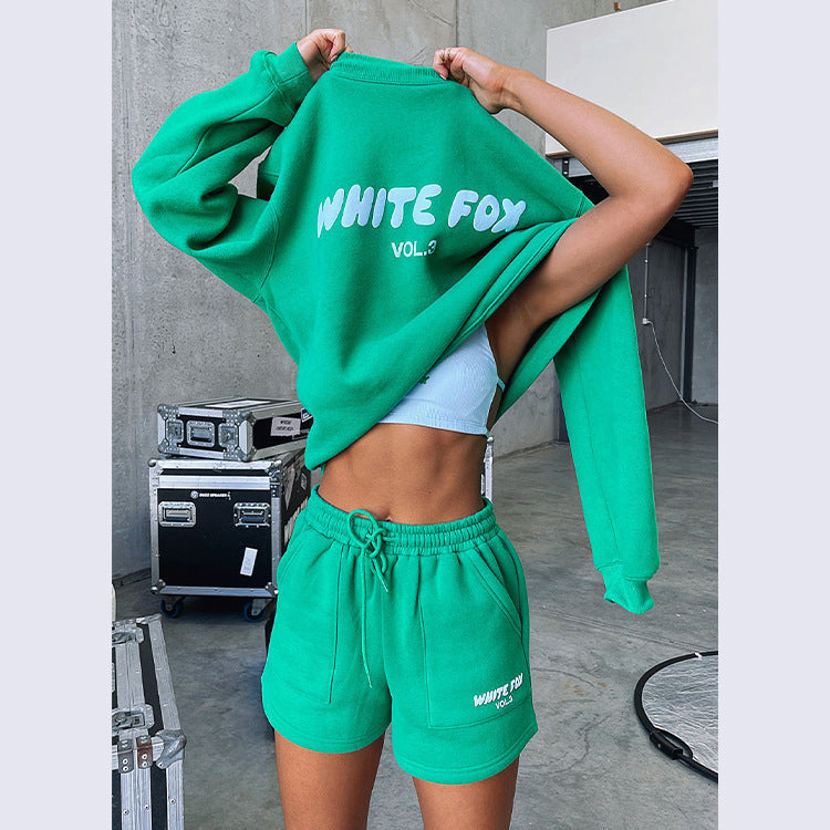 Letter Print Loose Sweatshirt Short Casual Set