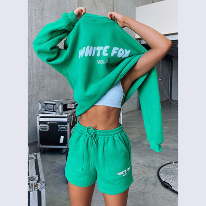 Letter Print Loose Sweatshirt Short Casual Set