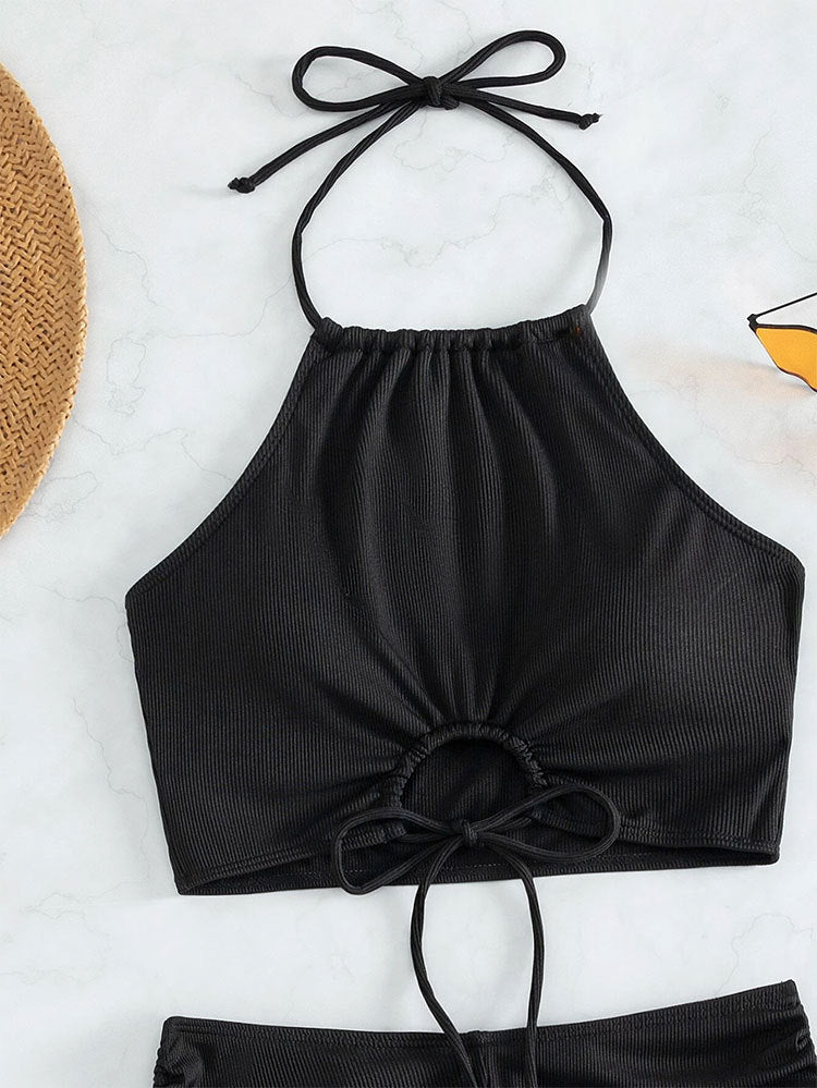 2PCS Solid Color Halter Drawstring Swimwear