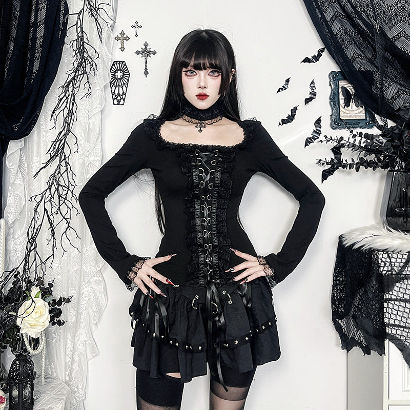 Dark Aesthetic Lace Trim Long Sleeve Top with Choker
