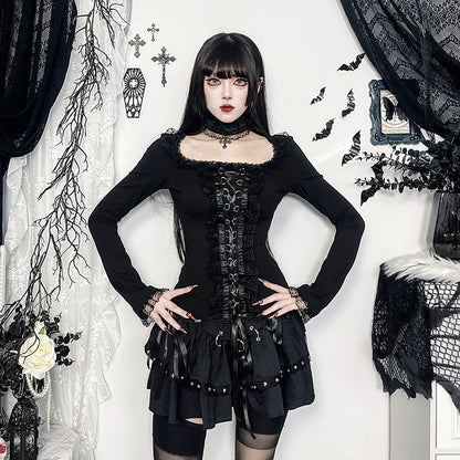 Dark Aesthetic Lace Trim Long Sleeve Top with Choker