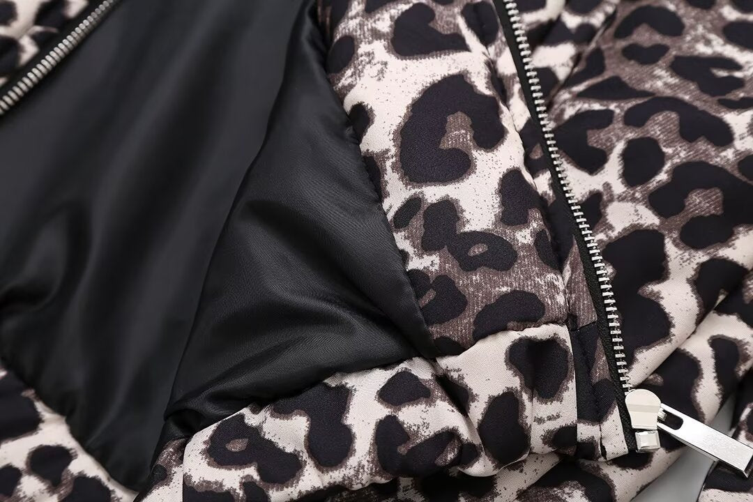 Vintage Leopard Print Zip-Up Winter Jacket
