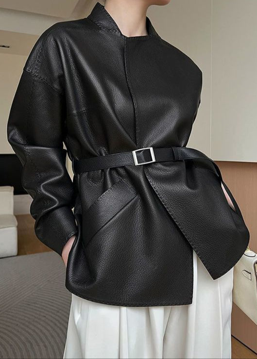 Faux Leather Belted Jacket With Wrap Silhouette