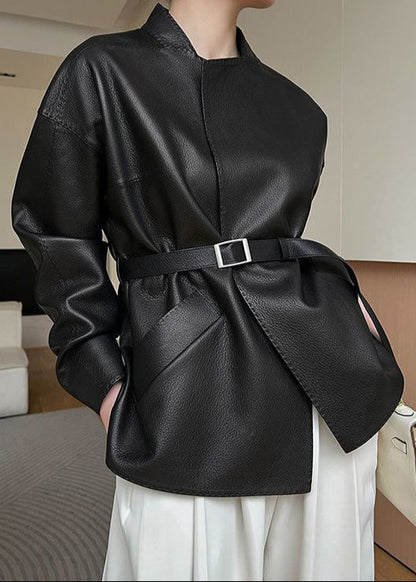 Faux Leather Belted Jacket With Wrap Silhouette