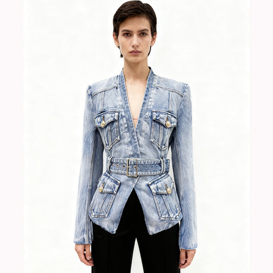 Trendy Slim-Fit Denim Blazer With Belt