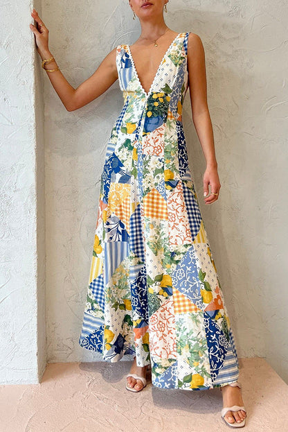 Summer Sleeveless Large V-Neck Large Swing Printed Casual Dress