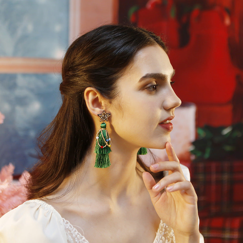 Ethnic Style Fringe Christmas Earrings, New Long Exaggerated Lightweight Rice Beads, Five-Pointed Star Hand-Woven Earrings