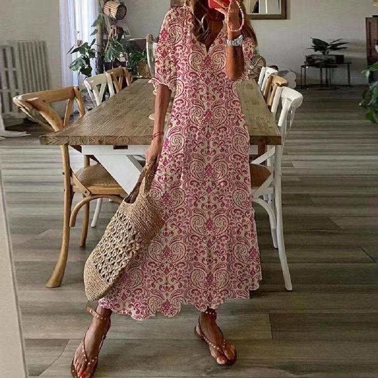 Casual Sweet V-Neck Print Pendant Short Sleeves Midi Dress Woman