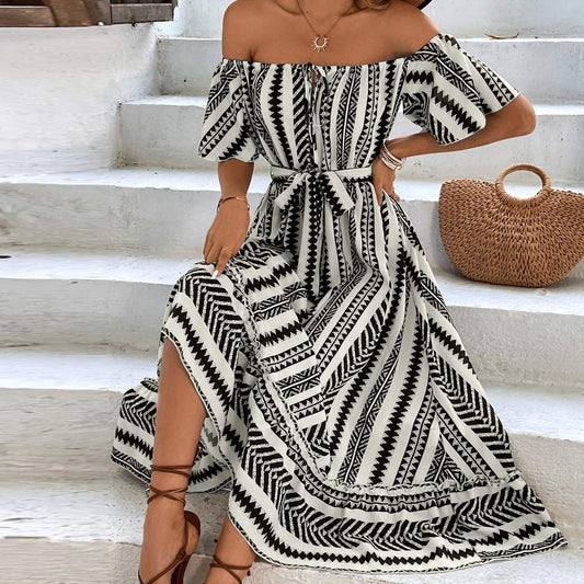 Bohemian Off Shoulder High Waist Lace Up Casual Stripe Plaid Dress