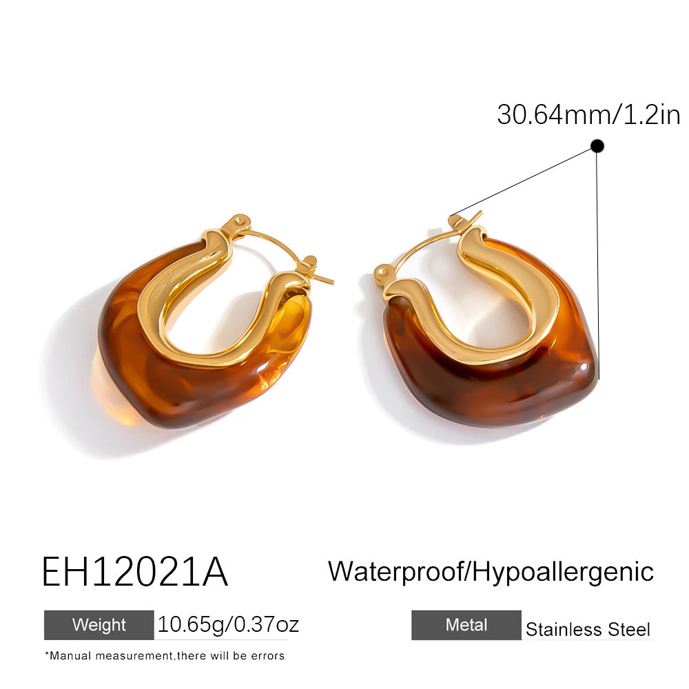 Amber Resin Earrings Vintage Hollow Design Stainless Steel Studs