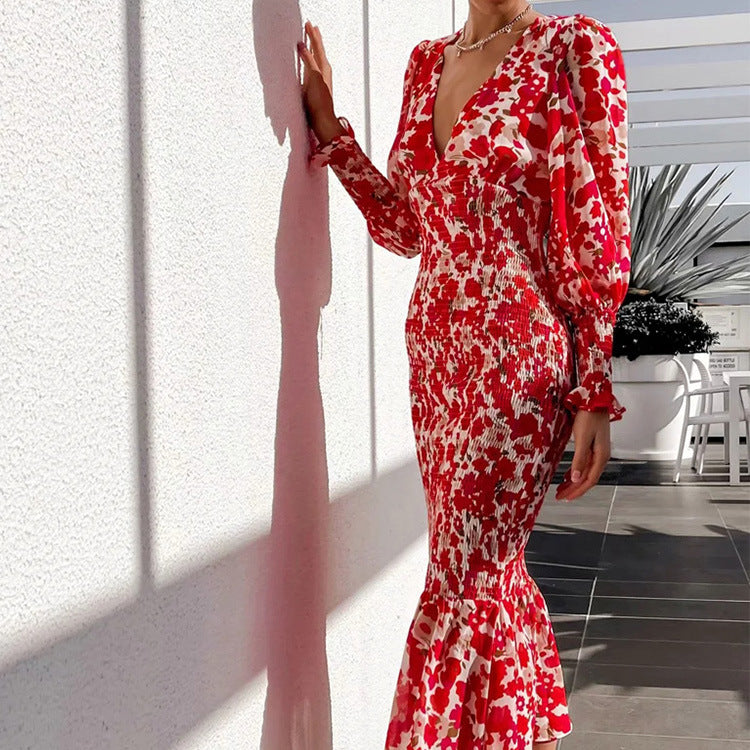 Elegant V-Neck Mermaid Dress with Waist Cinching