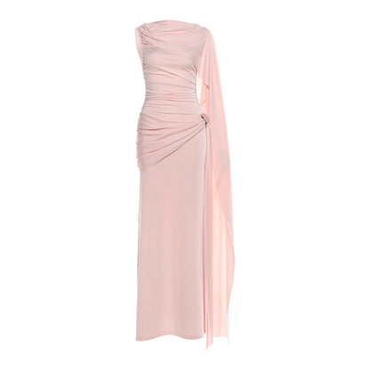Slim Fit Solid Color Maxi Dress With Ruffled Details