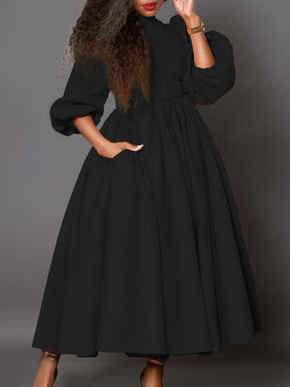 Elegant High Neck Long Sleeve Dress With Belt