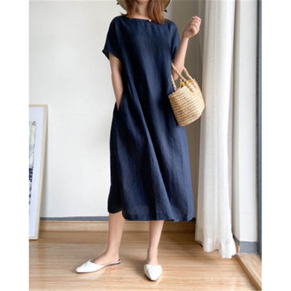 Cotton And Linen Solid Color Plus Size Dress Women'S Summer Loose Japanese Mid-Length Skirt Women