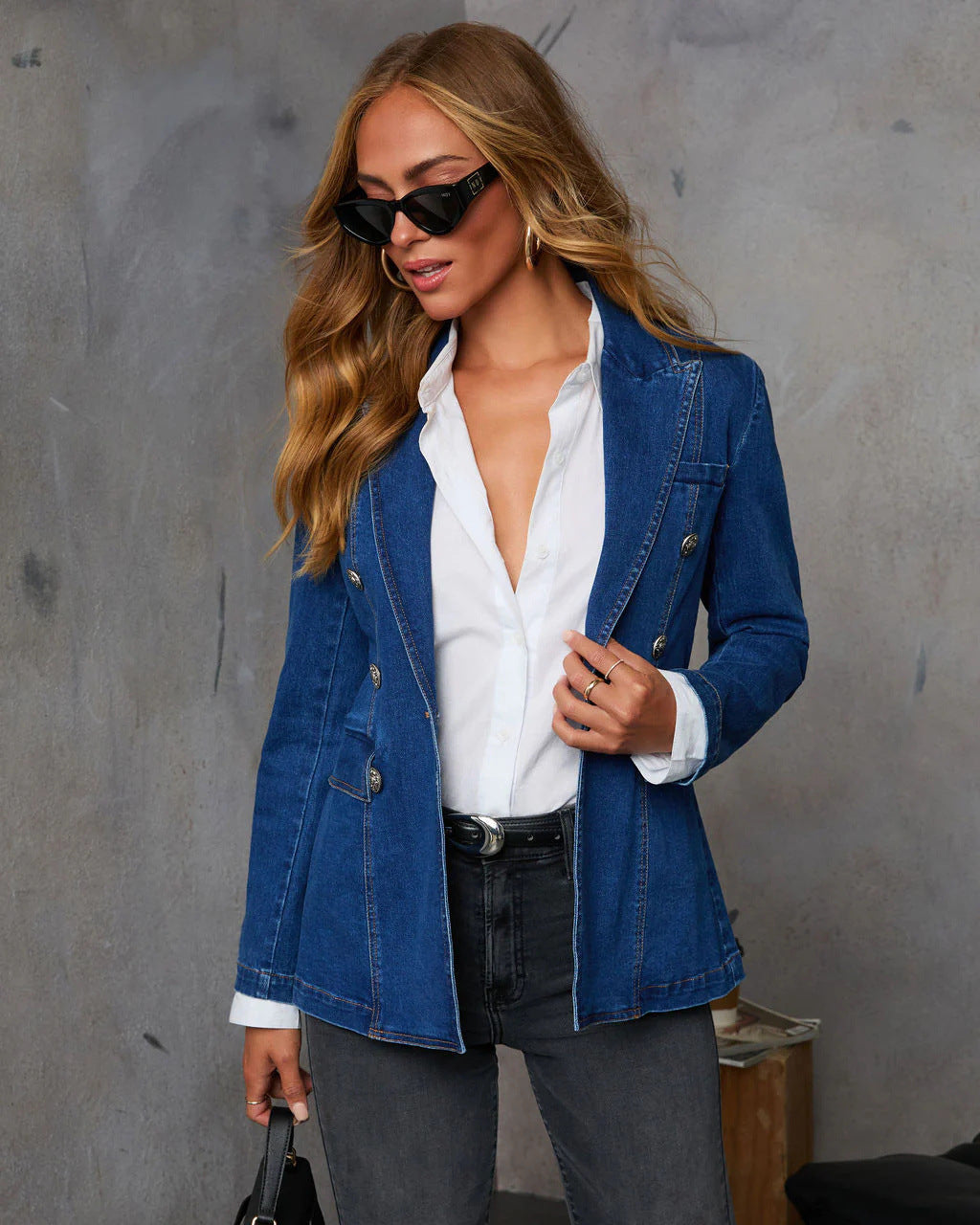 Trendy Casual Wash Blue Denim Blazer for Women