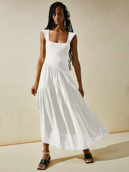 French Style Elegant A-Line Maxi Dress With U-Neck Design
