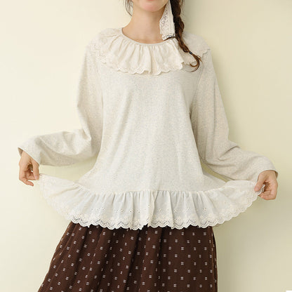 Embroidered Lace Trim Knit Sweater Casual Loose Top