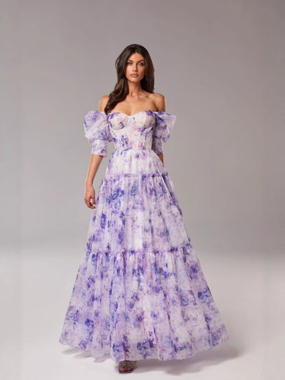 Off-Shoulder Chiffon Evening Gown with 3D Floral Design