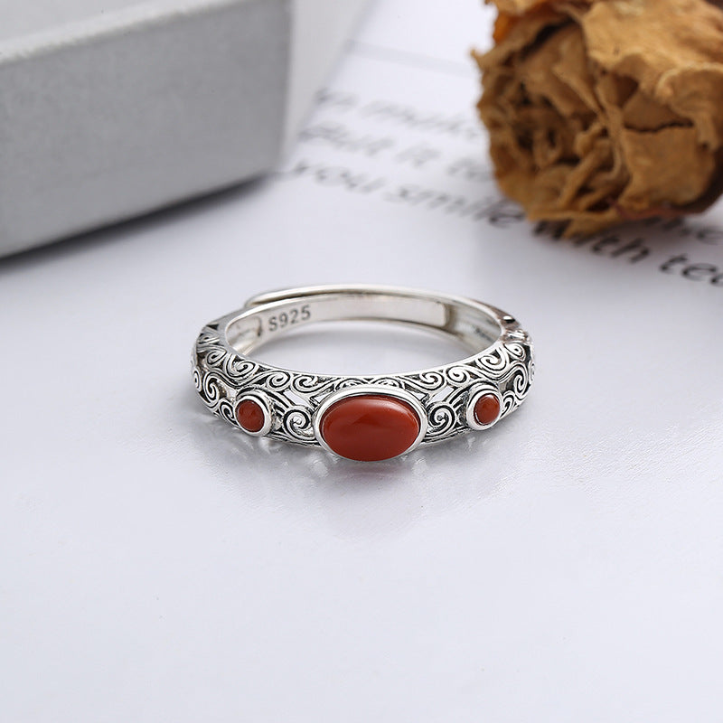 S925 Pure Silver Retro Old Craft Pattern Decorated With Southern Red Agate Art Style Open Ring