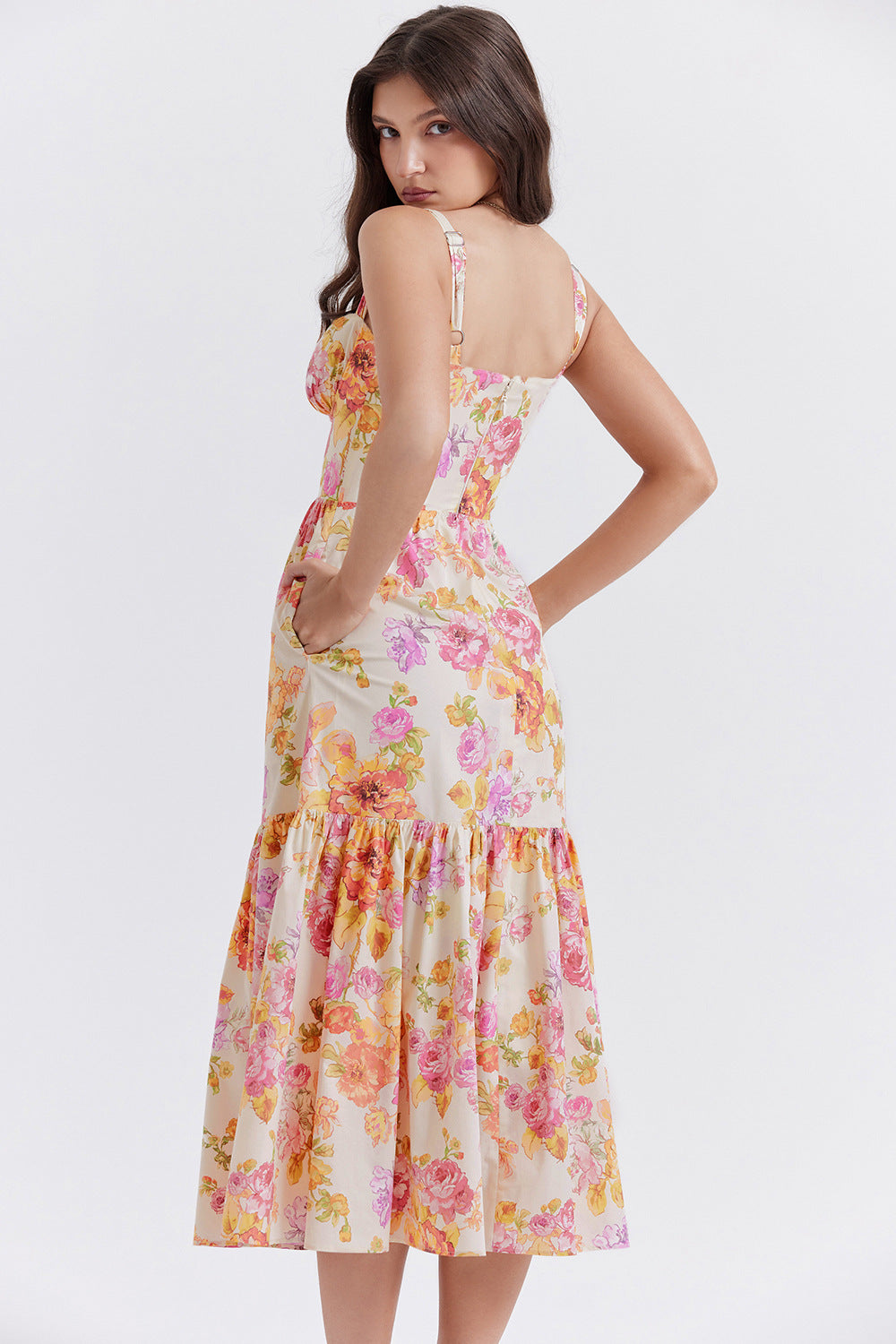 Corset Floral Midi Aline Spaghetti Dress