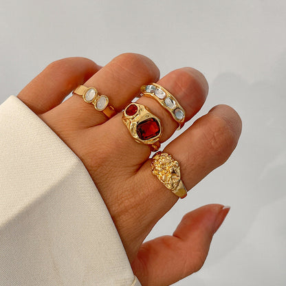 Geometric Gemstone Ring Set With Liquid Metal Finish For Women