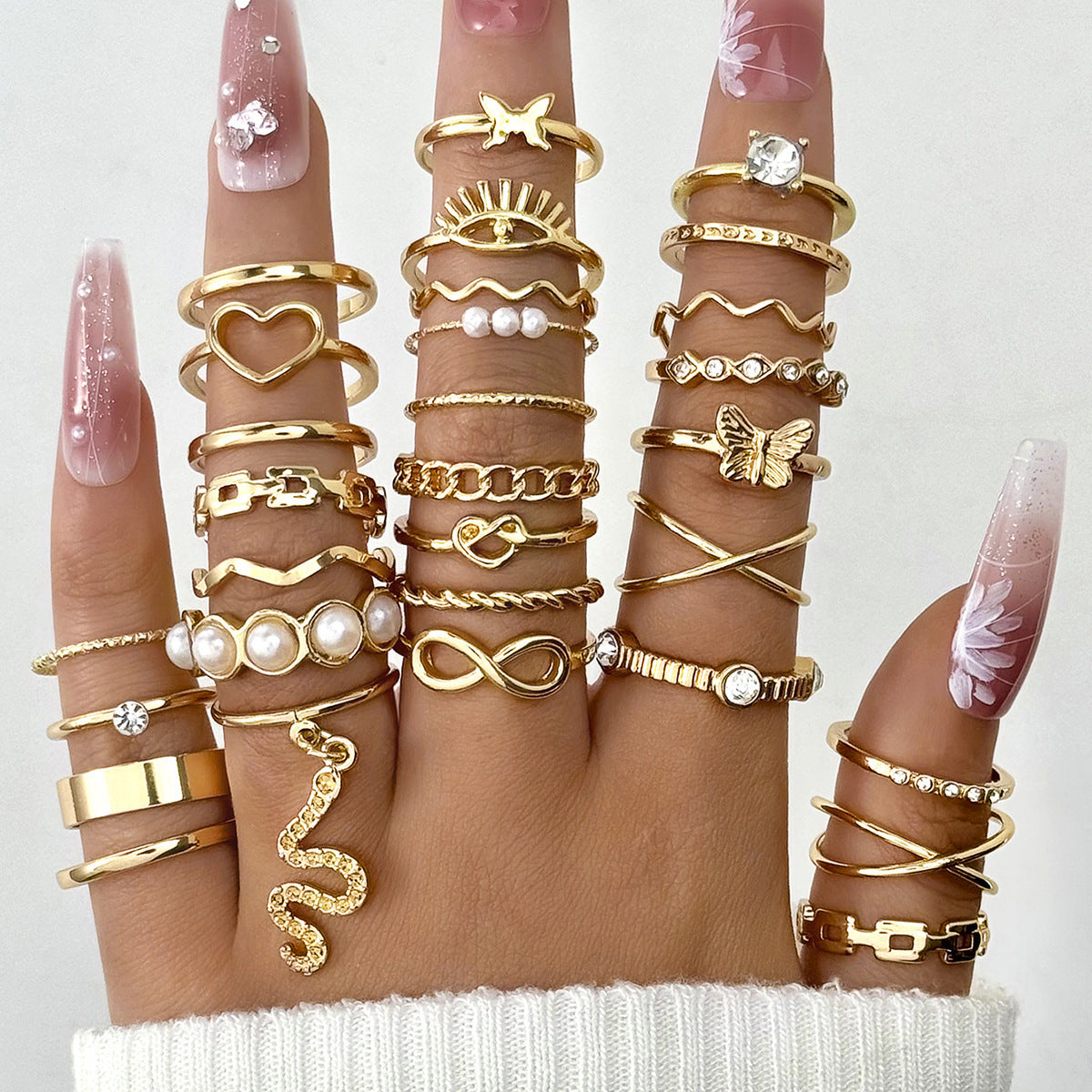 Trendy Leaf Heart Rings Geometric Pearl Joint Stacking Ring Set