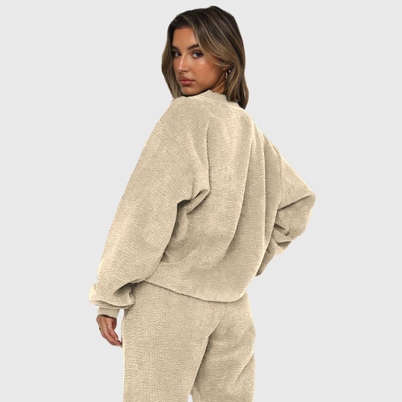 Solid Color Corduroy Casual Pullover Set