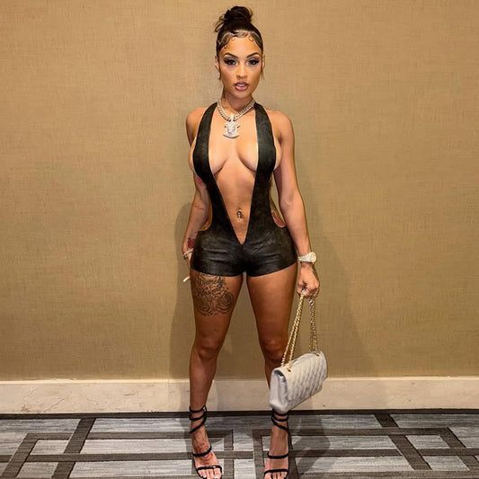 Sexy Deep V Backless Bodysuit In Solid Color