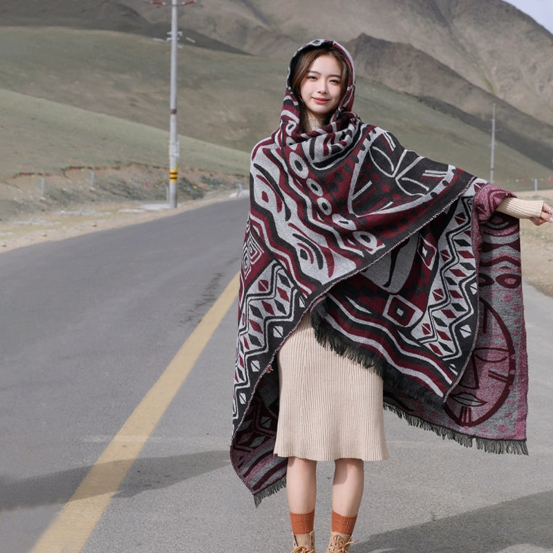 Autumn And Winter Ethnic Bohemian Warm Big Shawl Hooded Cape Scarf