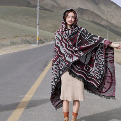 Autumn And Winter Ethnic Bohemian Warm Big Shawl Hooded Cape Scarf