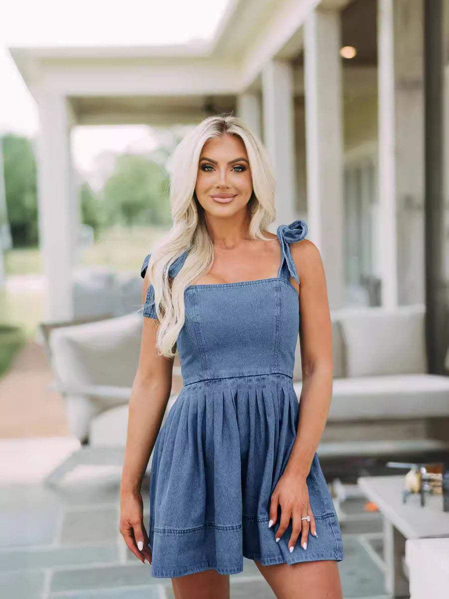 Trendy Casual Denim Dress Sleeveless with Zipper Detail