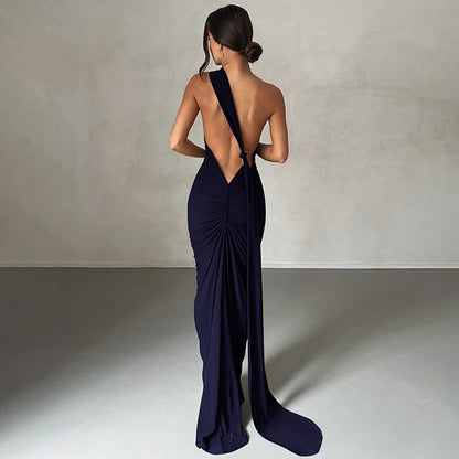 Summer New Sexy Backless Ruched Midi Dress