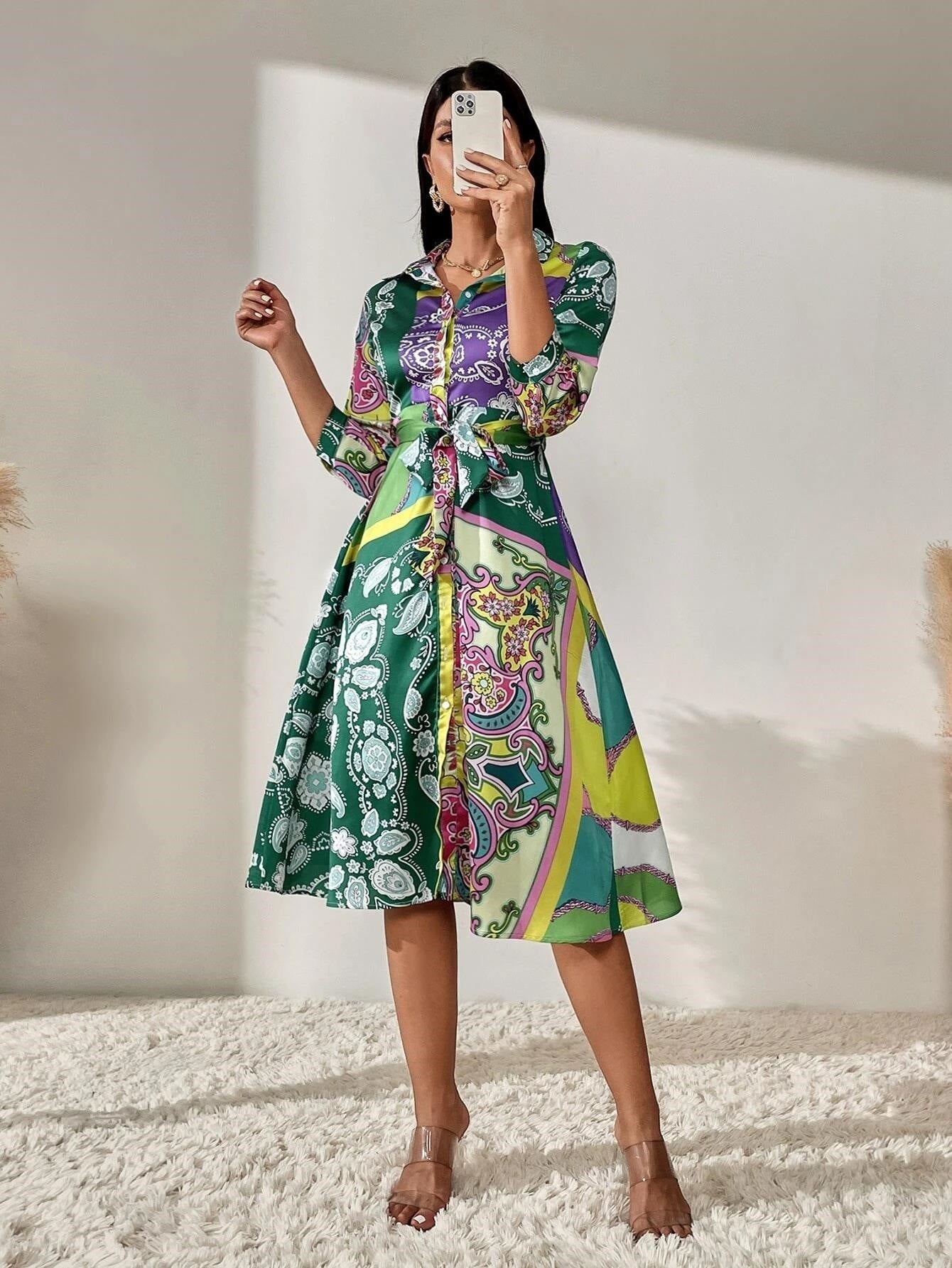 Women'S Lace-Up Print Polo Neck Midi Dress