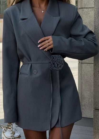 Belted Wool Blend Blazer With Floral Accent