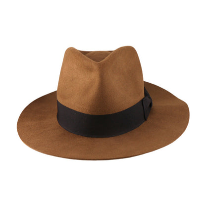 Men's Wool Fedora Hat with Bow Trendy Casual Denim Hat