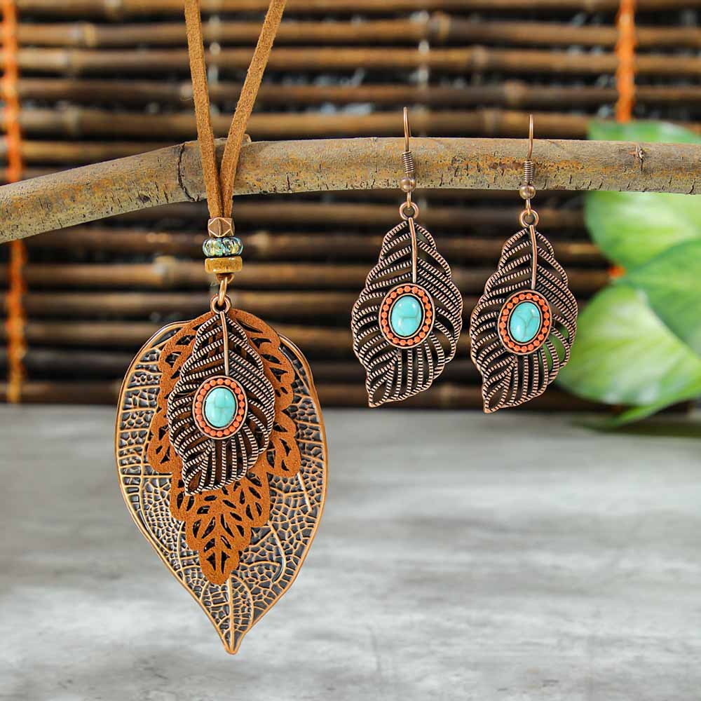 Bohemian Vintage Leaf Earrings With Dragonfly & Butterfly Zinc Alloy Sweater Necklace