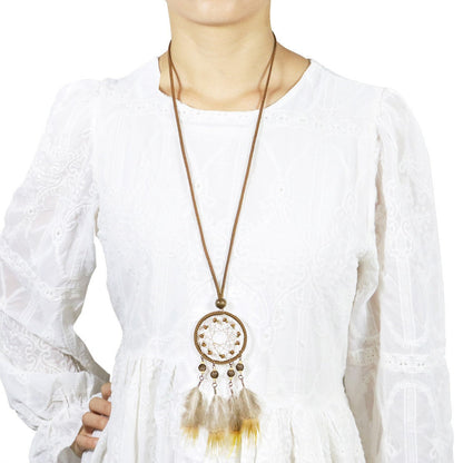 Vintage Feather Tassel Necklace Circle Dream Catcher Long Sweater Chain