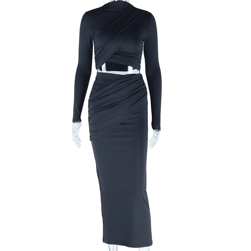 Trendy Casual Long Sleeve Crop Top And Midi Skirt Set