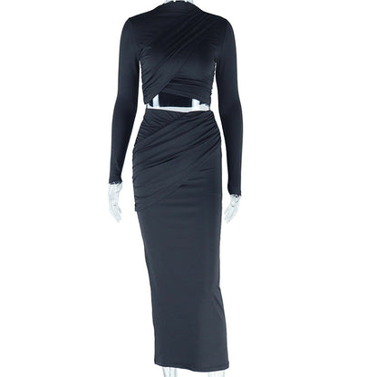Trendy Casual Long Sleeve Crop Top And Midi Skirt Set