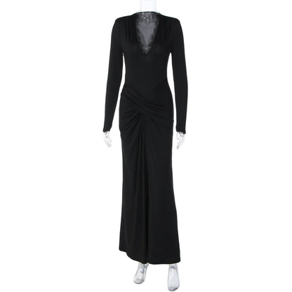 Trendy Solid Color Long Sleeve Dress with Waist Tie
