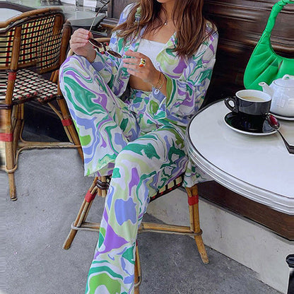 Chic Floral Long Sleeve Shirt And Pants Set